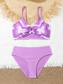 SHEIN Teen Girls Butterfly Print O-Ring Front Bikini Set Summer Beach - Purple - View 3