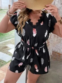 SHEIN LUNE 大碼羽毛印花鏤空蕾絲花邊腰帶連身短褲 - 黑色 - 查看 5