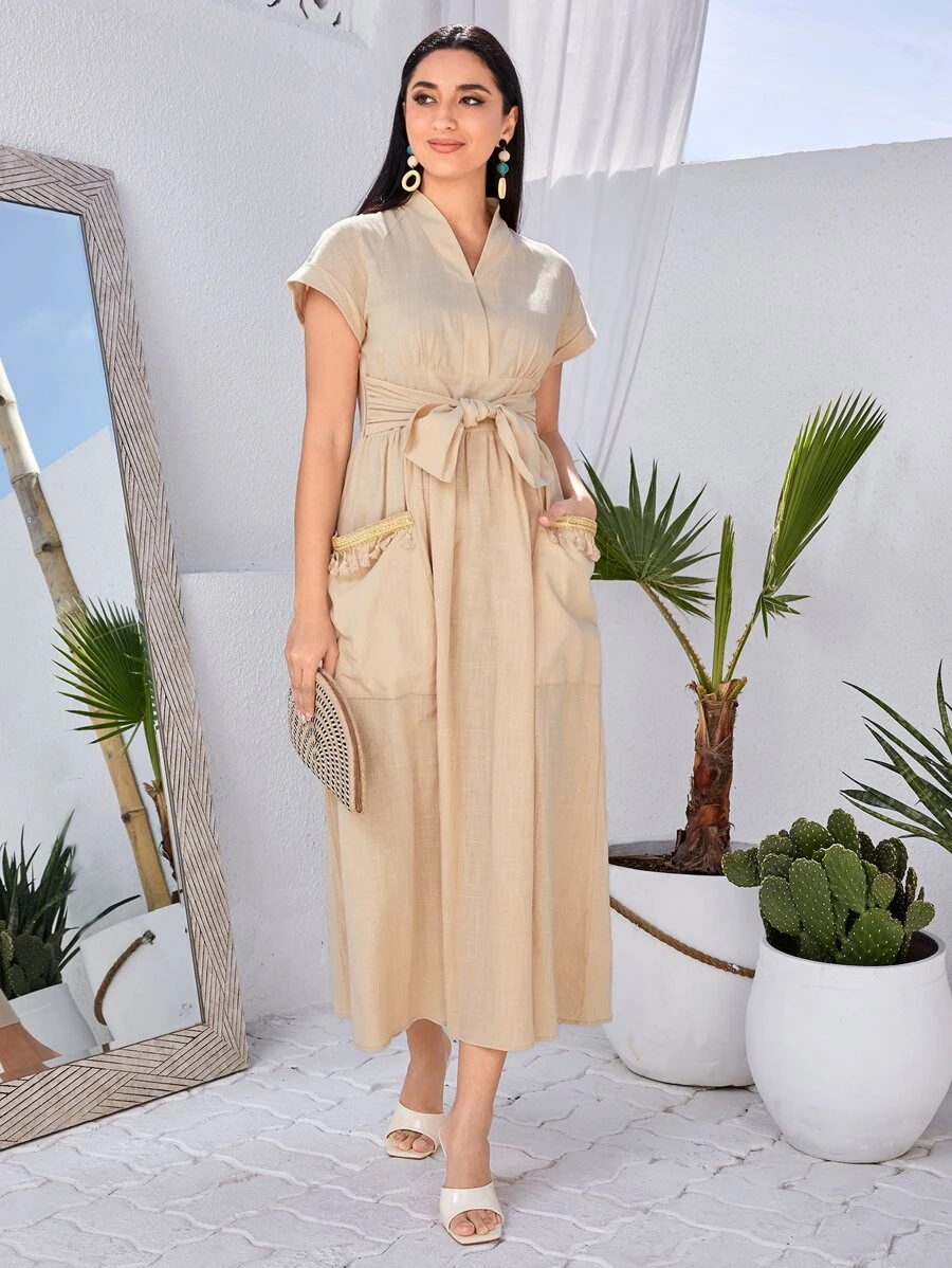 Modelyn Vestido de noche largo con cinta de contraste y nudo adelante - Albaricoque - Ver 1