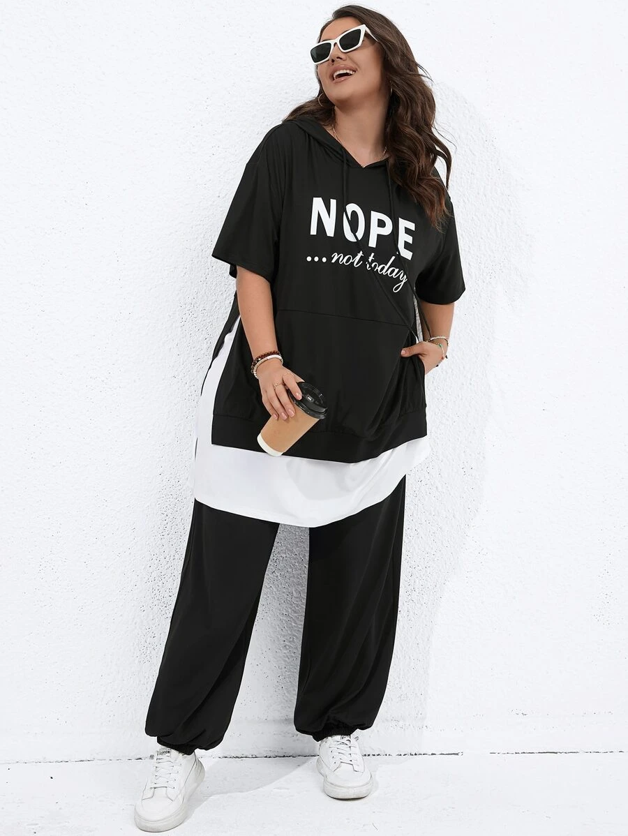 Flirla Plus Slogan Graphic Drop Shoulder Hoodie & Sweatpants - Black - View 1