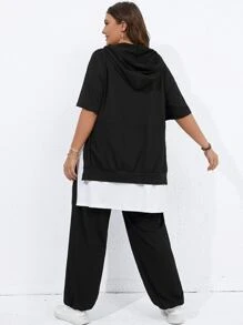 Flirla Plus Slogan Graphic Drop Shoulder Hoodie & Sweatpants - Black - View 2