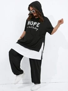Flirla Plus Slogan Graphic Drop Shoulder Hoodie & Sweatpants - Black - View 3