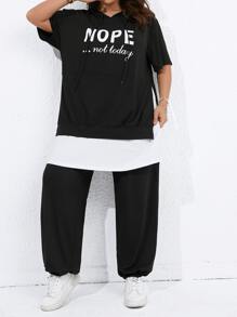 Flirla Plus Slogan Graphic Drop Shoulder Hoodie & Sweatpants - Black - View 4