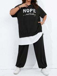 Flirla Plus Slogan Graphic Drop Shoulder Hoodie & Sweatpants - Black - View 5
