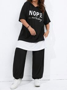 Flirla Plus Slogan Graphic Drop Shoulder Hoodie & Sweatpants - Black - View 6