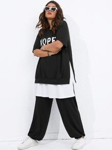 Flirla Plus Slogan Graphic Drop Shoulder Hoodie & Sweatpants - Black - View 7