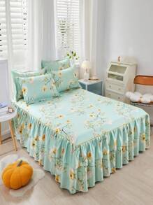 1pc Flower Pattern Bed Skirt, Fabric Ruffle Trim Bedding Bed Skirt For Home - Multicolor - View 1