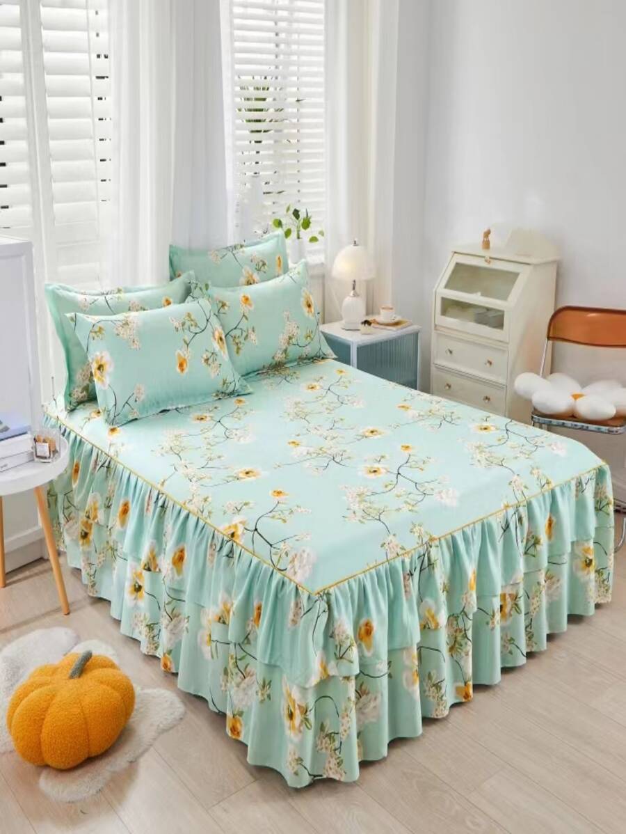 1pc Flower Pattern Bed Skirt, Fabric Ruffle Trim Bedding Bed Skirt For Home - Multicolor - View 1