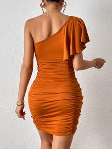 SHEIN Privé One Shoulder Ruched Bodycon Dress - Brown - View 2