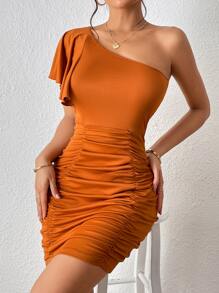 SHEIN Privé One Shoulder Ruched Bodycon Dress - Brown - View 3