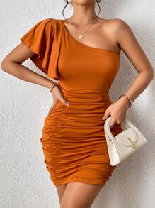 SHEIN Privé One Shoulder Ruched Bodycon Dress - Brown - View 1