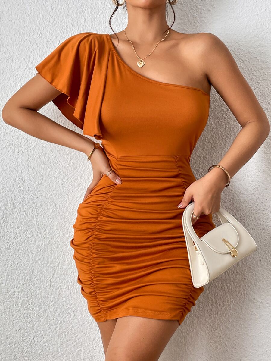 SHEIN Privé One Shoulder Ruched Bodycon Dress - Brown - View 1