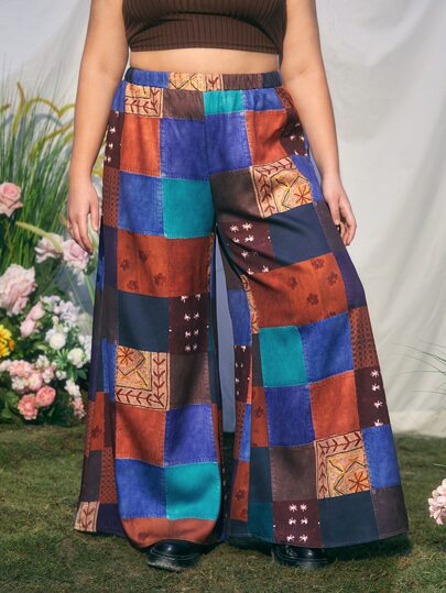 Hippie Pantalones de pierna ancha con estampado de retazo