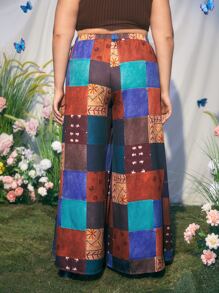 ROMWE Hippie Pantalones de pierna ancha con estampado de retazo - Multicolor - Ver 5