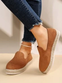 女士編織平底仿麂皮一腳蹬度假平底樂福鞋 - 棕色 - 查看 1