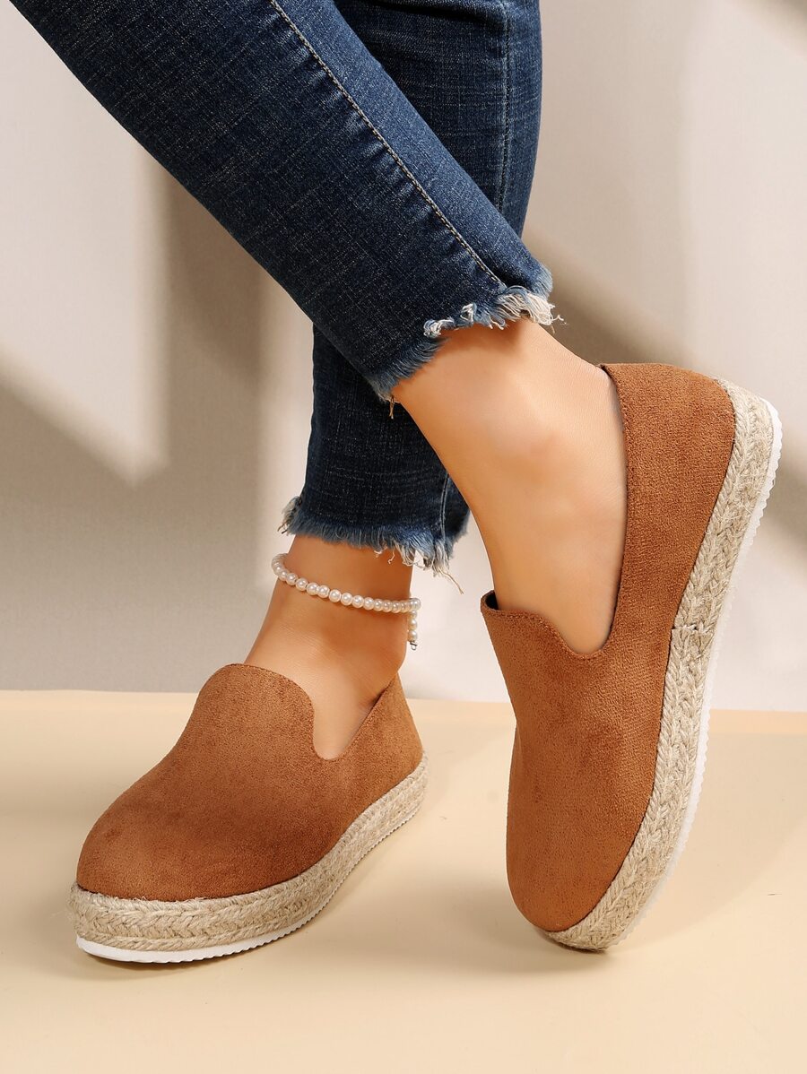 女士編織平底仿麂皮一腳蹬度假平底樂福鞋 - 棕色 - 查看 1