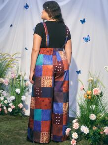 ROMWE Hippie 大碼色塊拼接圖案背帶連身褲 - 彩色 - 查看 5