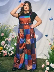 ROMWE Hippie 大碼色塊拼接圖案背帶連身褲 - 彩色 - 查看 7