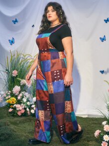 ROMWE Hippie 大碼色塊拼接圖案背帶連身褲 - 彩色 - 查看 8