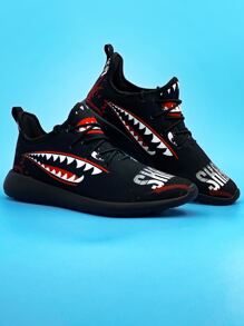 Men Shark Pattern Running Shoes Lace-up Front Sneakers Black - Multicolor - View 1