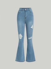SHEIN Teen Girls Ripped Flare Leg Jeans - Light Wash - View 1