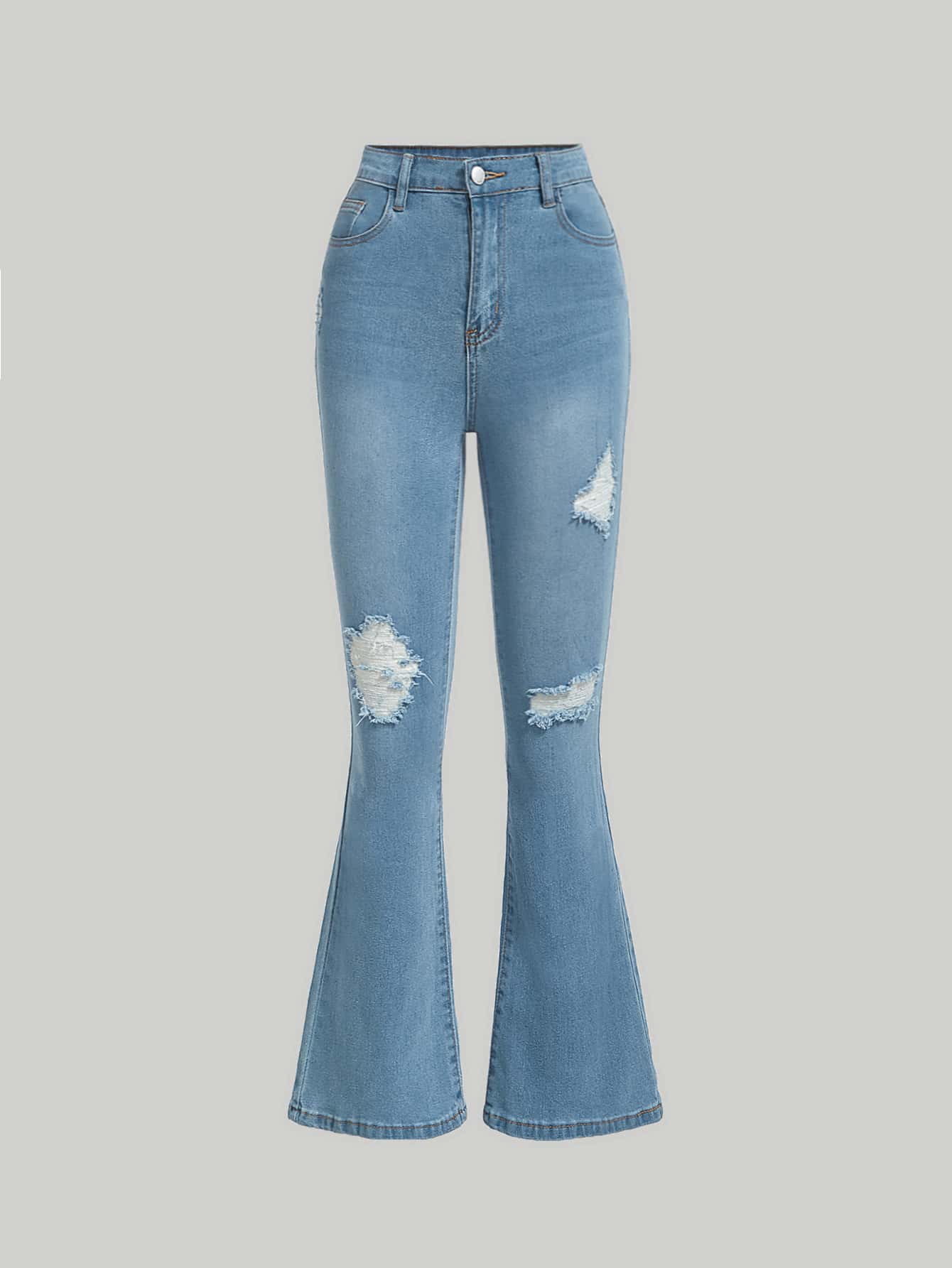SHEIN Teen Girls Ripped Flare Leg Jeans - Light Wash - View 1