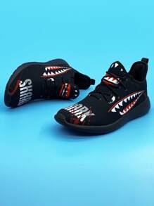 Men Shark Pattern Running Shoes Lace-up Front Sneakers Black - Multicolor - View 2