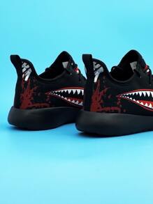 Men Shark Pattern Running Shoes Lace-up Front Sneakers Black - Multicolor - View 3
