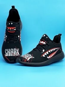 Men Shark Pattern Running Shoes Lace-up Front Sneakers Black - Multicolor - View 4