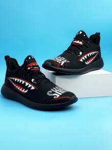 Men Shark Pattern Running Shoes Lace-up Front Sneakers Black - Multicolor - View 5