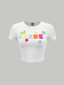 SHEIN MOD Chữ & Bướm Đã vá Mùa hè NỮ Dễ thương Áo thun - trắng - Xem 1