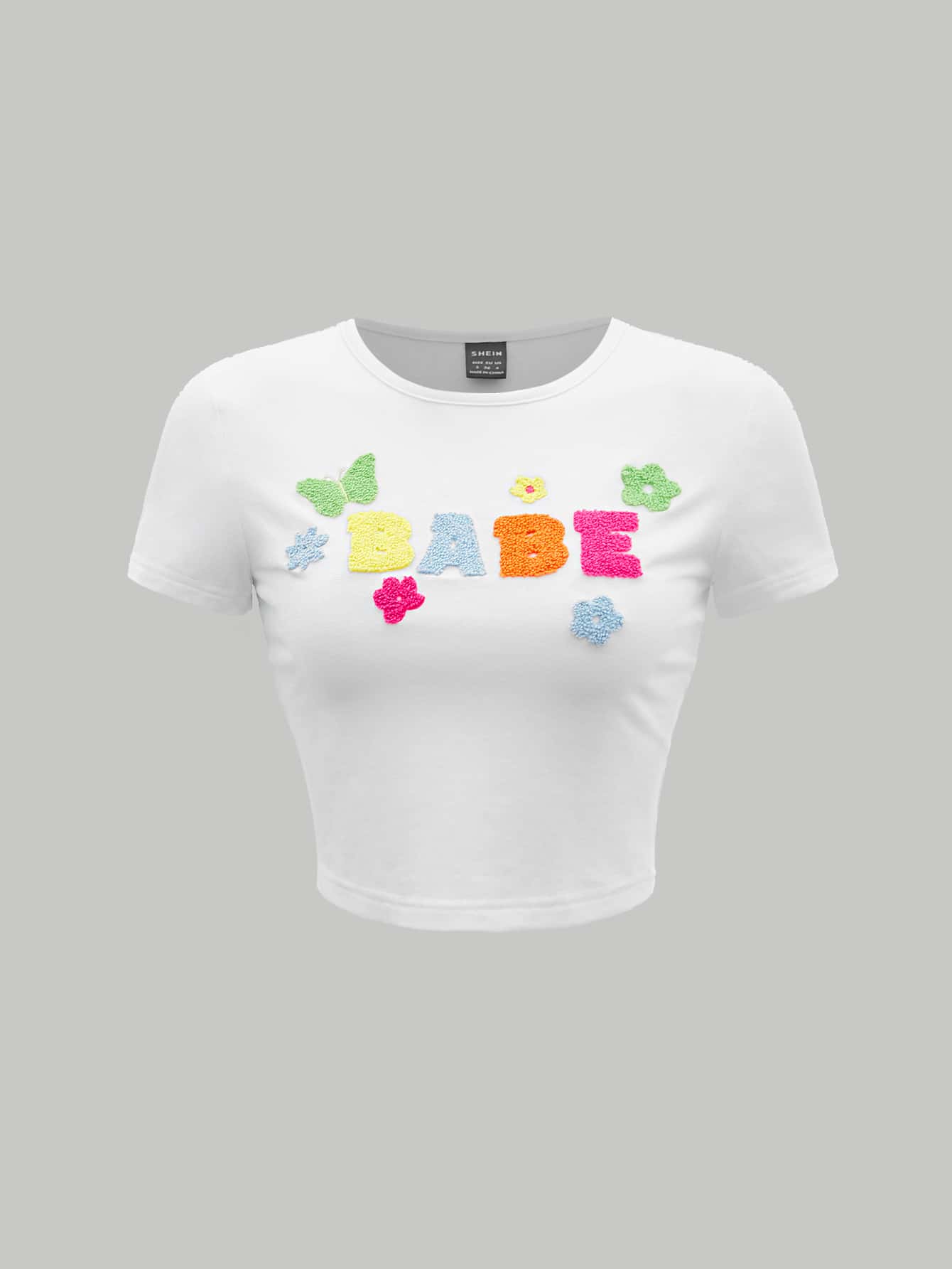 SHEIN MOD Chữ & Bướm Đã vá Mùa hè NỮ Dễ thương Áo thun - trắng - Xem 1
