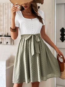 SHEIN LUNE Eyelet Embroidery Square Neck Belted Dress - Multicolor - View 1