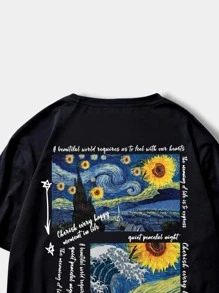 ROMWE MEN Street Life 男士标语和向日葵印花 T 恤，学校 - 黑色 - 查看 4