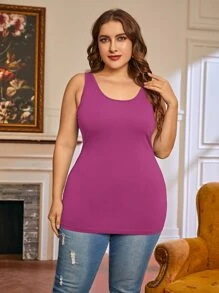 SHEIN LUNE Áo ba lỗ cổ chữ U vải gân màu xám đậm cho mùa thu và mùa đông dành cho nữ cỡ lớn - Màu đỏ tím - Xem 3