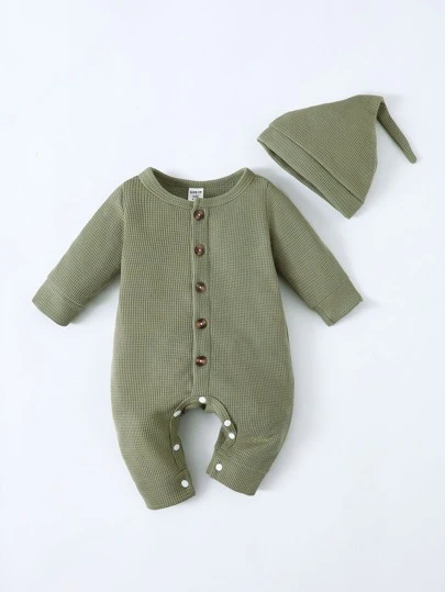 SHEIN Playful Pals Nyfödd pojke Våffelstickad Overaller