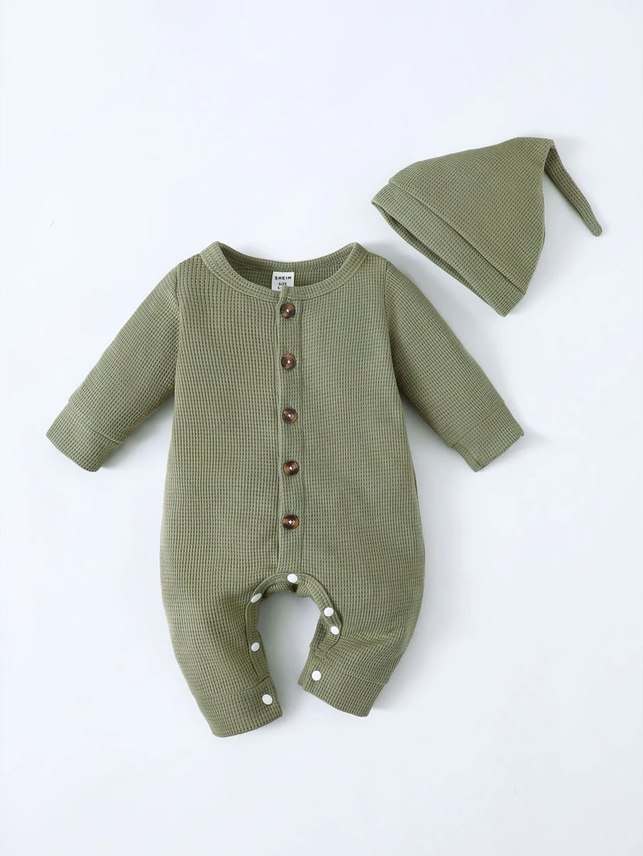 SHEIN Playful Pals 男婴童華夫格編織連身褲 - 軍綠色 - 查看 1