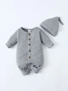 SHEIN Playful Pals 男婴童華夫格編織連身褲 - 灰色 - 查看 1