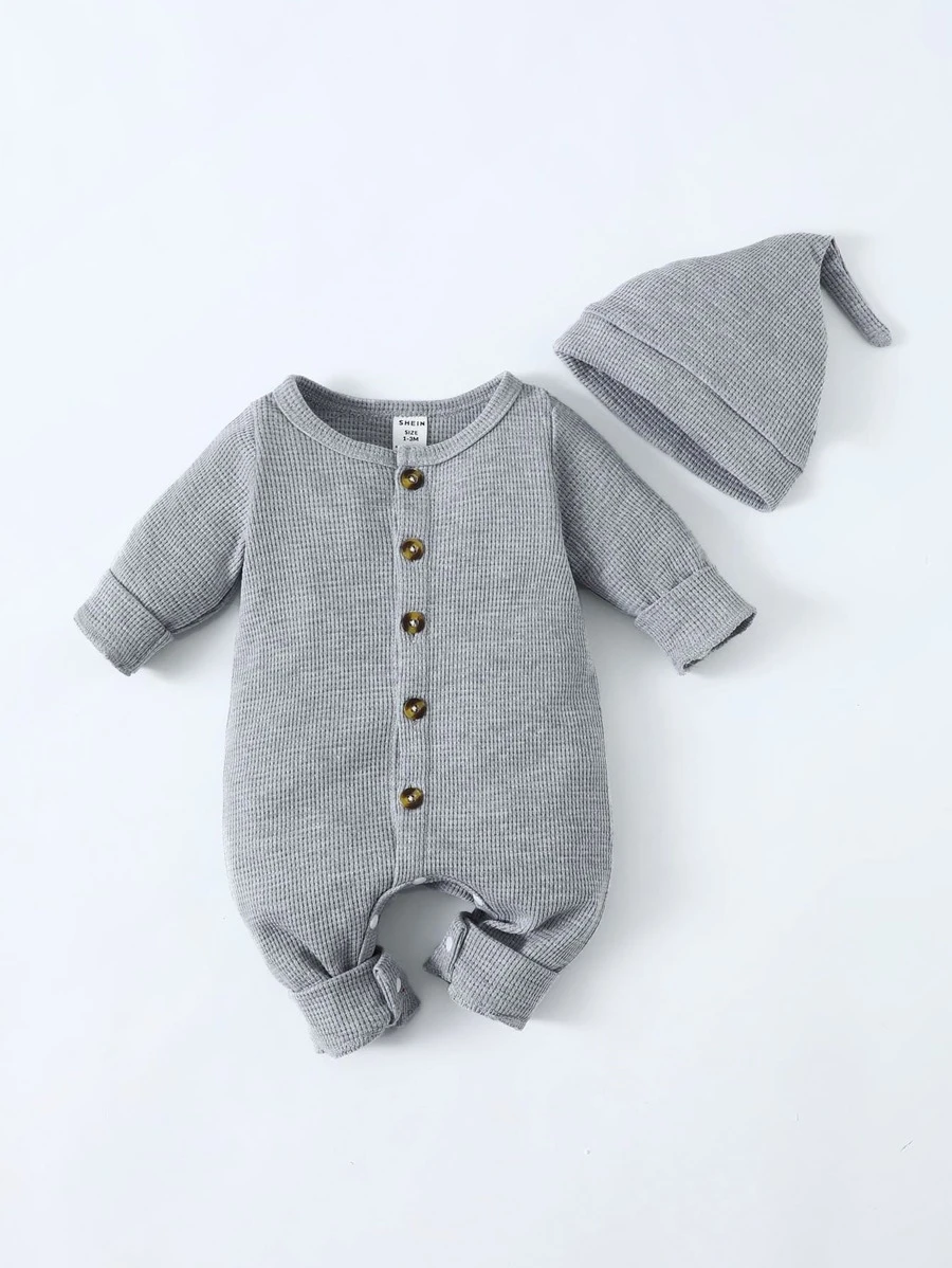 SHEIN Playful Pals 男婴童華夫格編織連身褲 - 灰色 - 查看 1