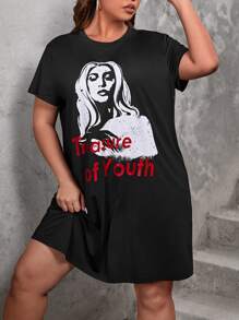 SHEIN EZwear Vestido estilo camiseta con estampado de letra y figura - Negro - Ver 1
