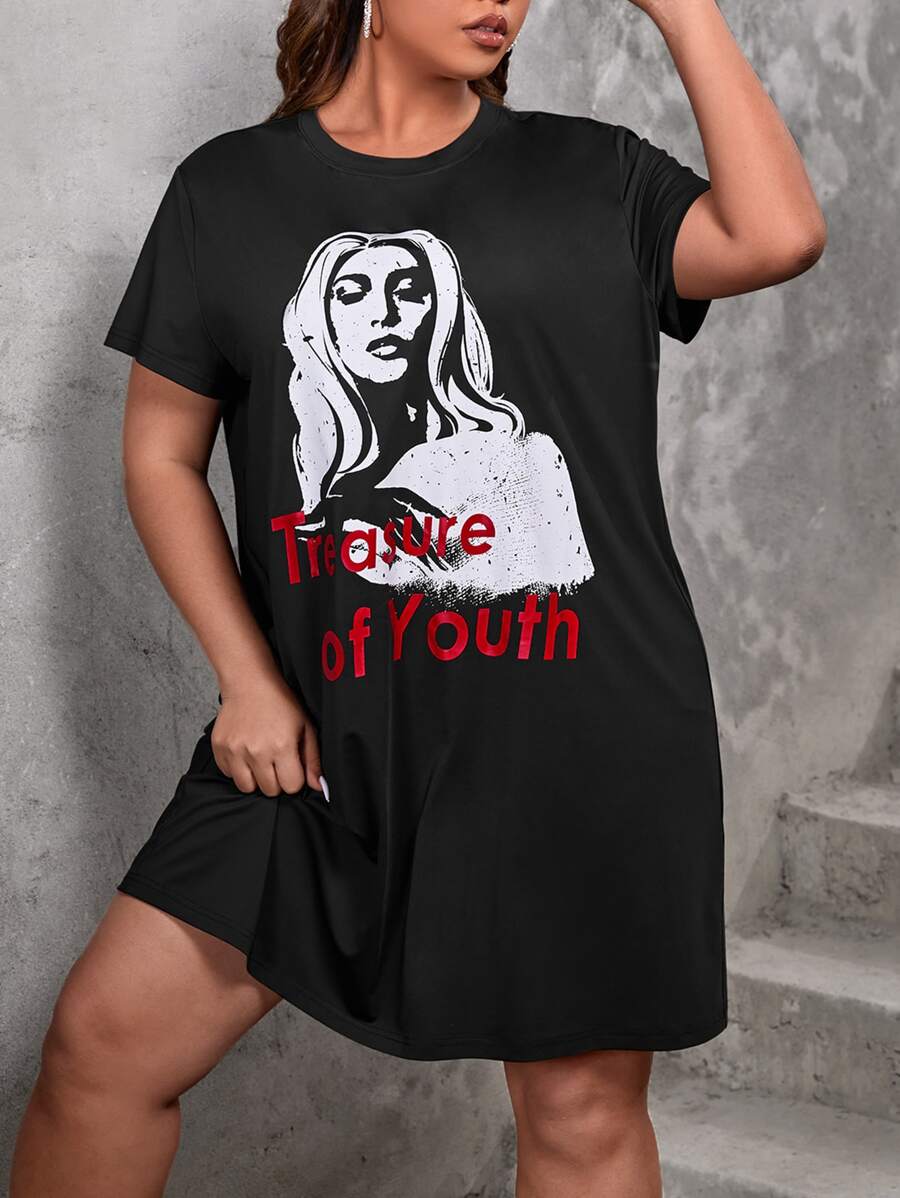 SHEIN EZwear Vestido estilo camiseta con estampado de letra y figura - Negro - Ver 1