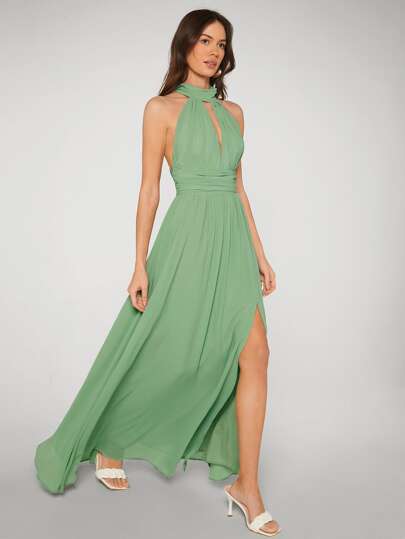 SHEIN Belle Backless Split Thigh Bridesmaid Dress Elegant Formal Evening Prom Wedding Guest Gown, For Graduation, Dinner Party Dress