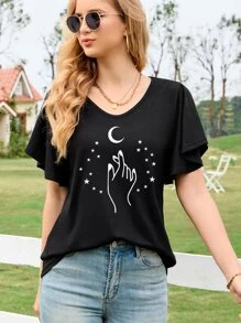 SHEIN LUNE Moon & Hand Print Butterfly Sleeve Tee - Black - View 1