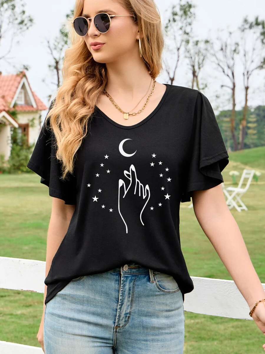 SHEIN LUNE Moon & Hand Print Butterfly Sleeve Tee - Black - View 1