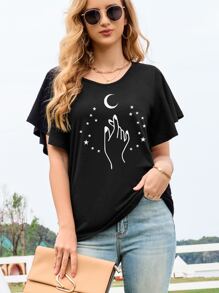 SHEIN LUNE Moon & Hand Print Butterfly Sleeve Tee - Black - View 3