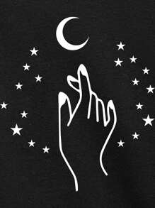 SHEIN LUNE Moon & Hand Print Butterfly Sleeve Tee - Black - View 5