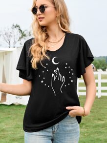 SHEIN LUNE Moon & Hand Print Butterfly Sleeve Tee - Black - View 6