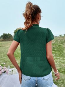 SHEIN VCAY Áo sơ mi nữ viền lá sen Thắt nơ trước màu trơn Giải trí - màu xanh lá - Xem 2