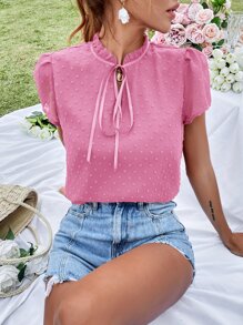 SHEIN VCAY Swiss Dot Puff Sleeve Tie Neck Blouse - Pink - View 1