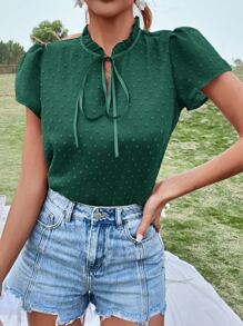 SHEIN VCAY Áo sơ mi nữ viền lá sen Thắt nơ trước màu trơn Giải trí - màu xanh lá - Xem 4